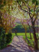 Click to enlarge "Morning Run in Osage Park" Morning Run in Osage Park, 12"x9", Oil on Canvas Panel (2011)